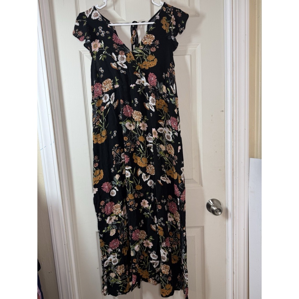 ee:some Floral Maxi Dress Womens S Black Boho Cottagecore Tie Back